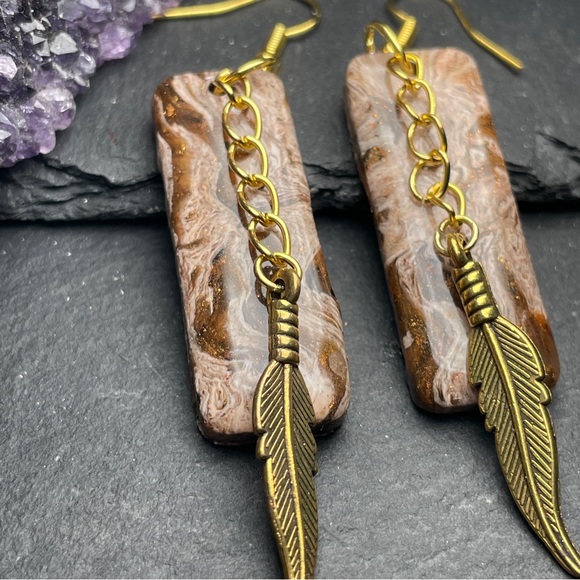 Elegant Hand Crafted Gold and Brown Feather Dangle Earrings - Picture 5 of 14